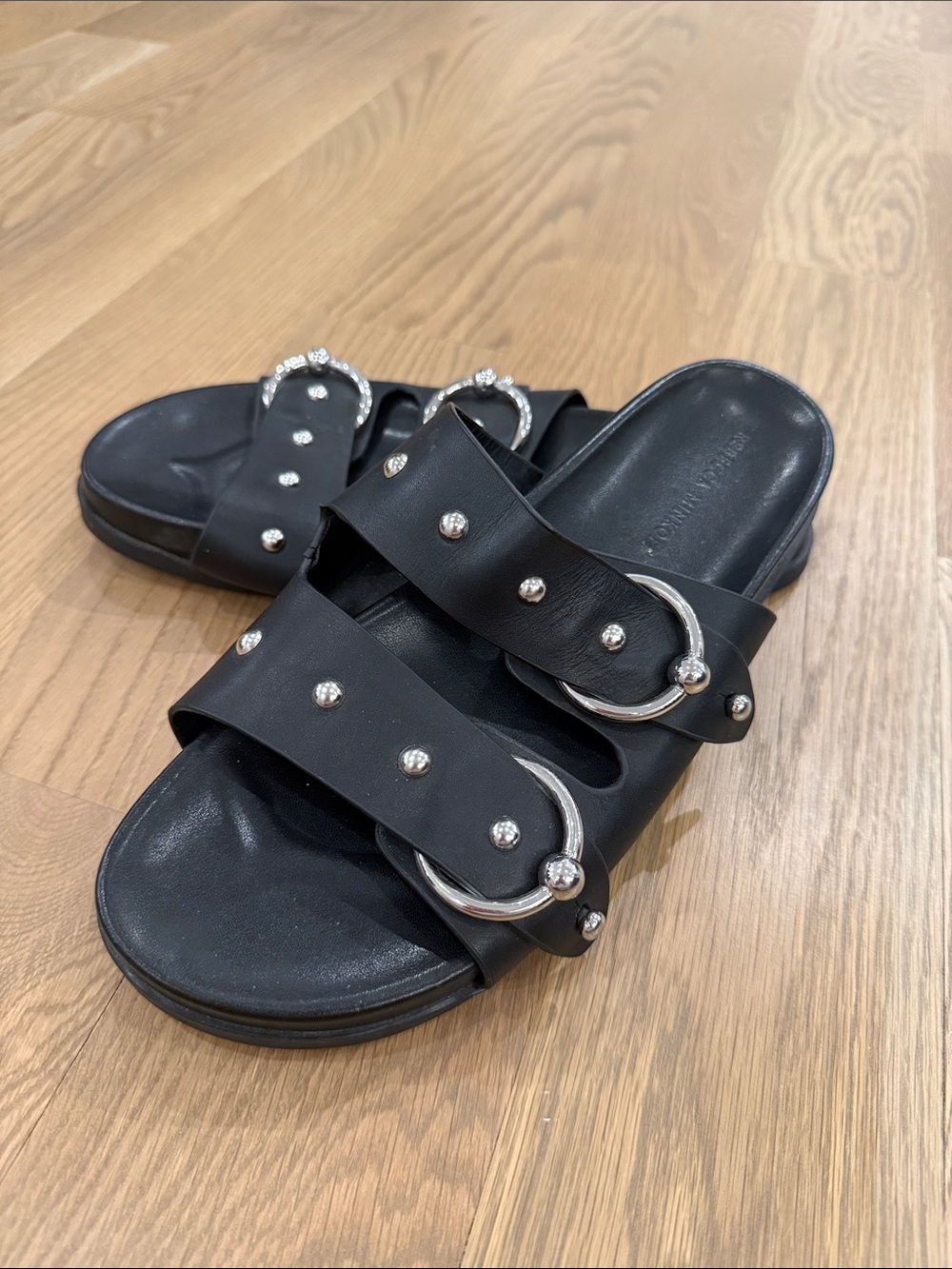 Rebecca Minkoff Black Studded Double-Band Slide Sandals